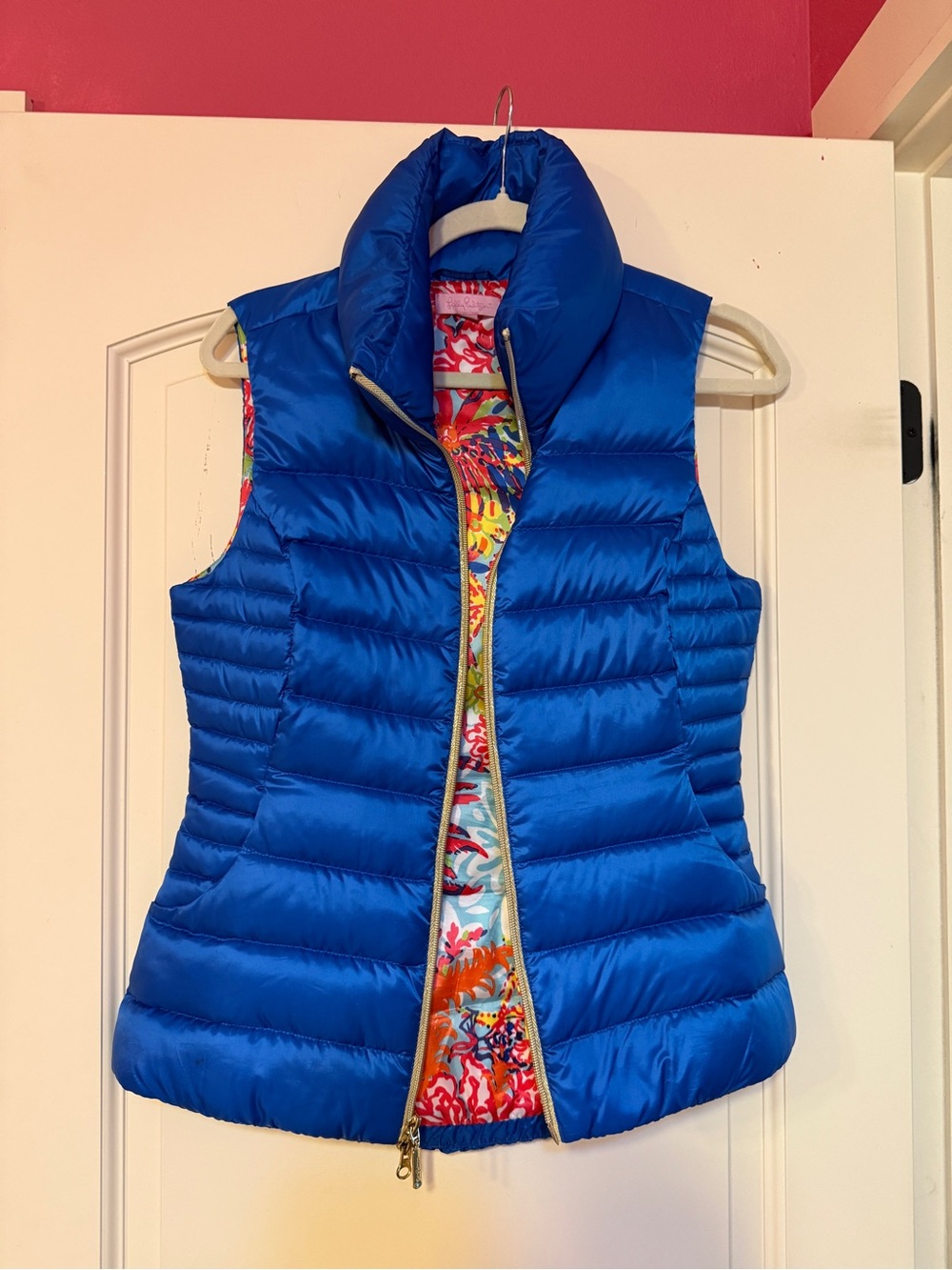 Lilly Pulitzer Blue Puffer Jacket with Bright Floral Lining